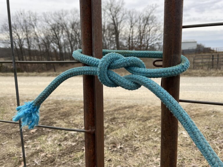 A properly tied Square knot is used to secure a metal gate closed.