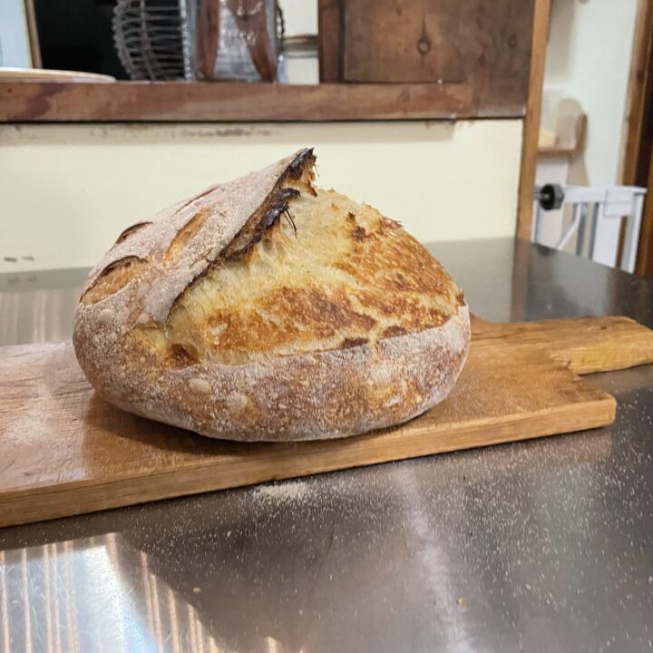 A golden-brown sourdough boule with a large, beautifully curled, crusty ridge that bakers call an “ear” rests on a wooden cutting board on a stainless steel countertop.