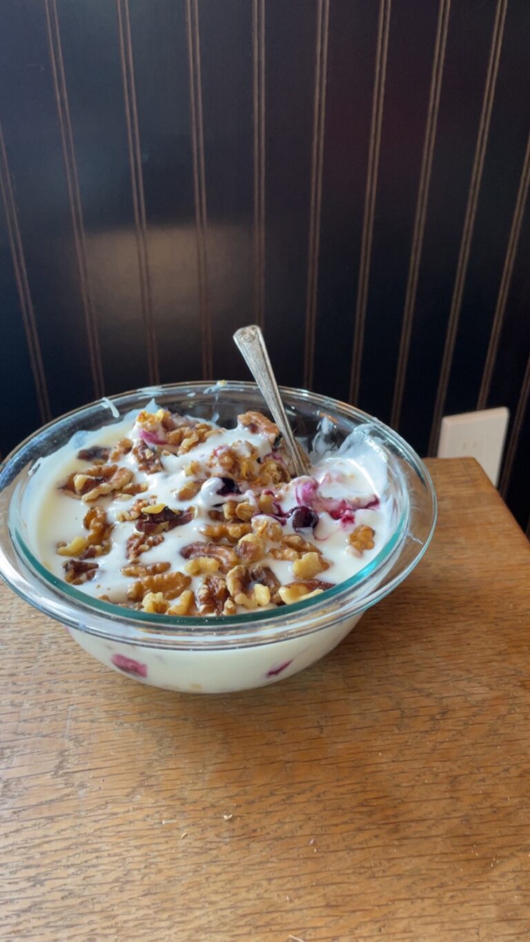 The successful result of the recipe: a glass bowl of thick, gelatin-free yogurt garnished with walnuts and frozen berries.