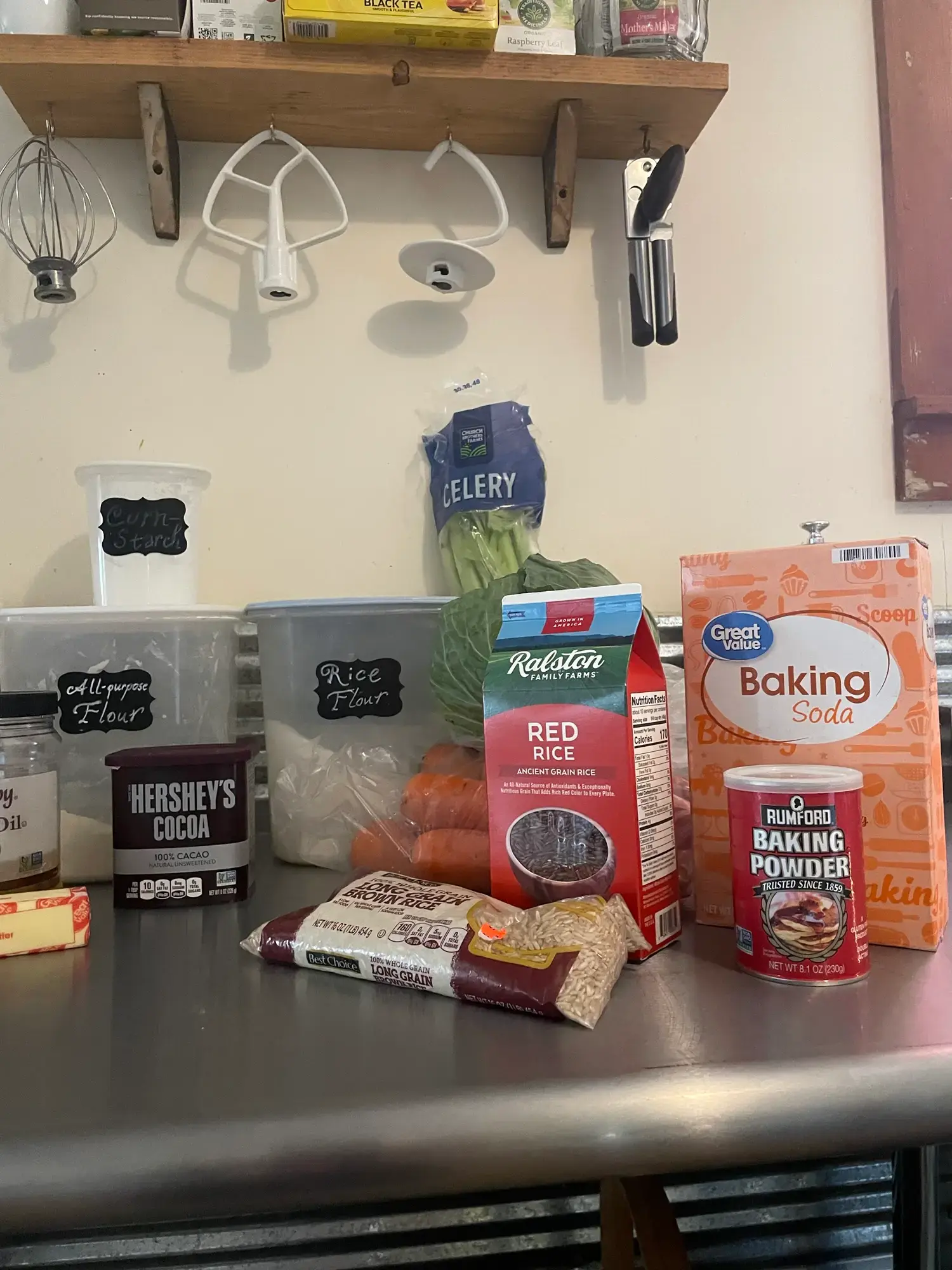 Ingredient swap options: various flours, baking powder, cocoa, and fats displayed, ready for recipe substitution.