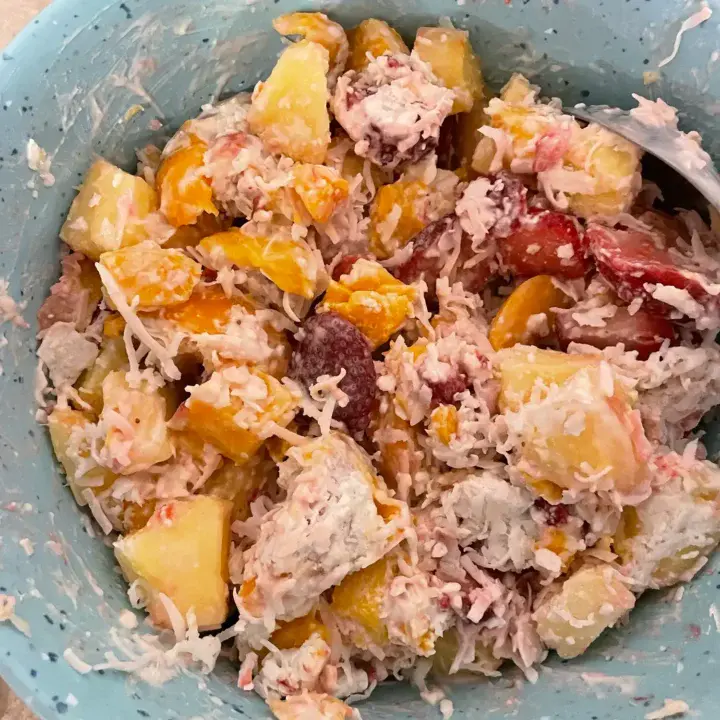 Tropical fruit salad, ready to eat, after thawing for approximately 3 hours.