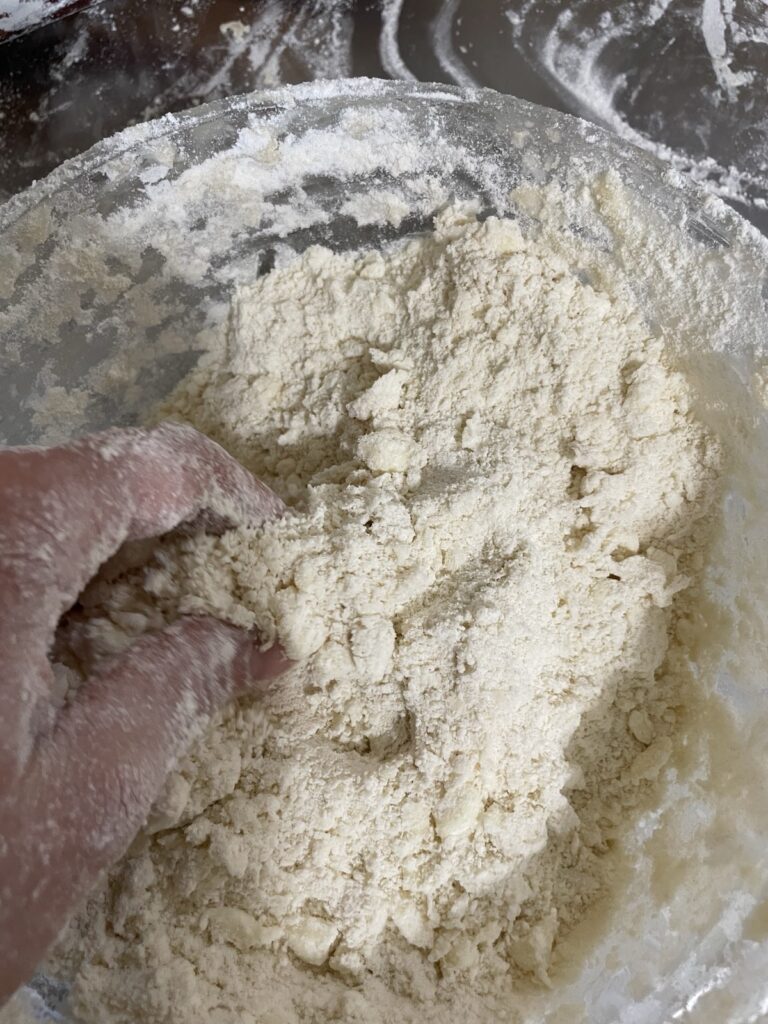 Bowl of dry sourdough biscuit ingredients with butter worked in until it resembles fine breadcrumbs.