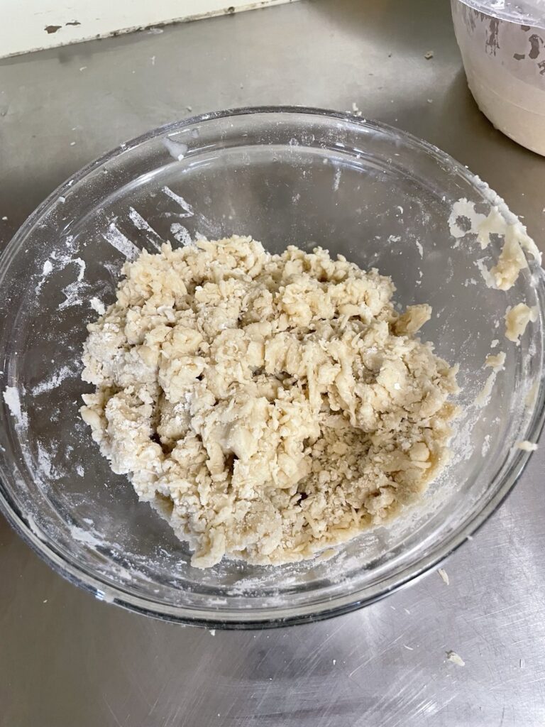 Coconut oil fully cut into dry ingredients forming pasty bits that will become "buttery"-tasting vegan biscuit crumbs.