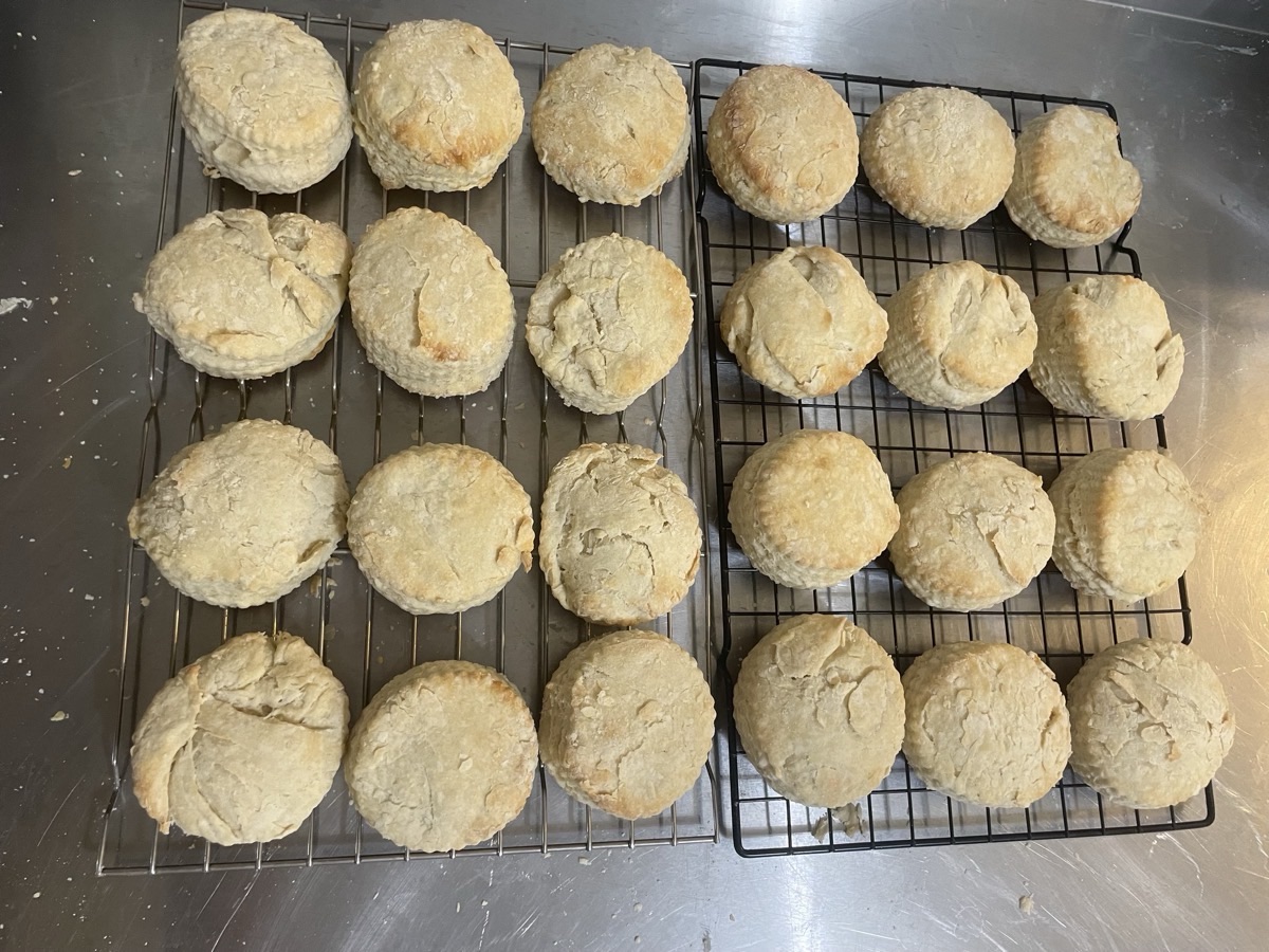 Flaky golden brown sourdough biscuits on cooling racks, demonstrating how to make flaky sourdough biscuits using both butter (left) and vegan coconut oil (right).